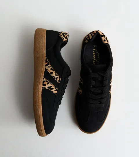 Black Faux Suede Leopard Side Stripe Trainers Vegan