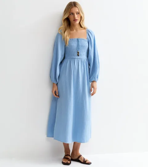 Light Blue Cotton Shirred Milkmaid Midi Dress