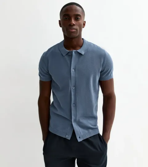 Dark Blue Regular Button Through Polo Top