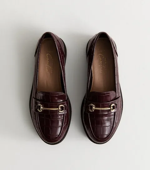 Wide Fit Burgundy Faux Leather Croc Embossed Loafers Vegan