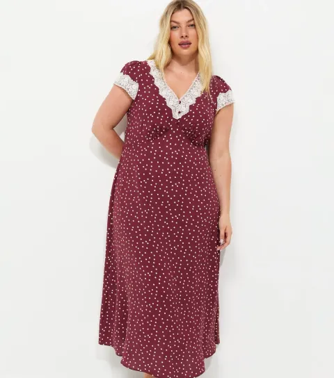Plus Size Red Spot Print Lace Trim Midi Dress Curves