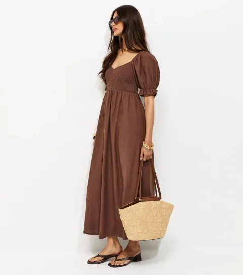 Brown Shirred Bodice Puff Sleeve Midi Dress