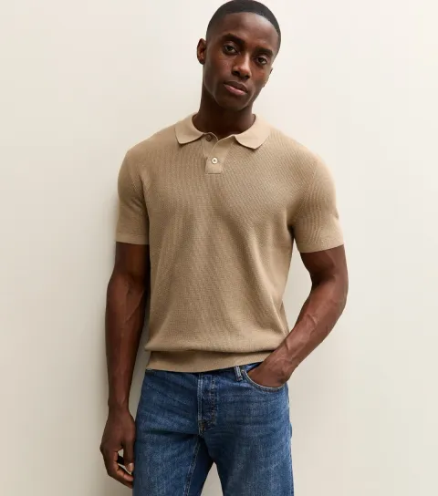 Tan Regular Short Sleeve Textured Polo Top