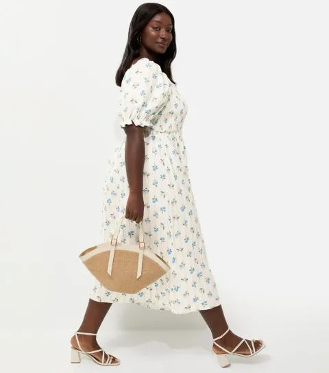 Plus Size Cream Floral Pleated Compact Shirred Frill Midi Dress Curves