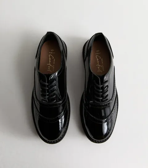 Wide Fit Black Faux Patent Brogues Vegan