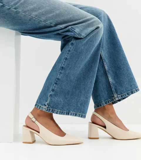 Wide Fit Off White Block Lizard Effect Slingback Court Shoes Vegan