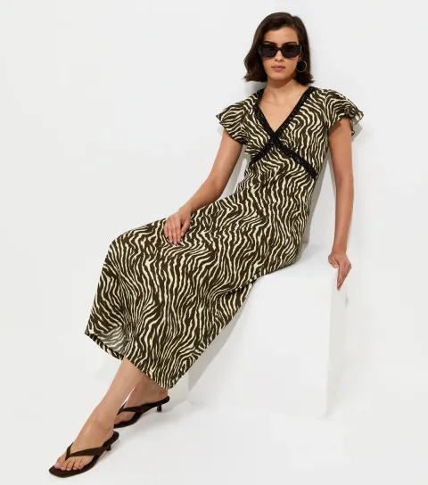 Brown Zebra Print Flutter Sleeve Midi Dress
