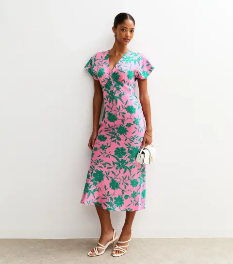 Pink Floral Print Satin V-Neck Midi Dress