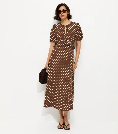 Brown Polka Dot Short Sleeve Keyhole Midi Dress