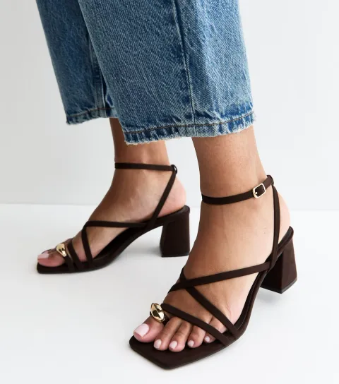 Dark Brown Faux Suede Metal Toe Loop Block Heel Sandals Vegan