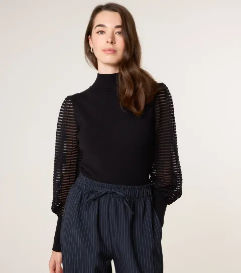 Black Mesh Sleeve High Neck Jumper