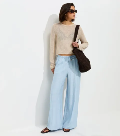 Light Blue Crinkle Wide Leg Trousers