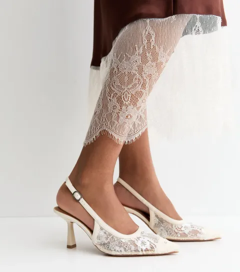 White Sequinned Floral Lace Slingback Court Shoes Vegan