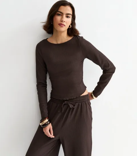 Dark Brown Crinkled Long Sleeve Top