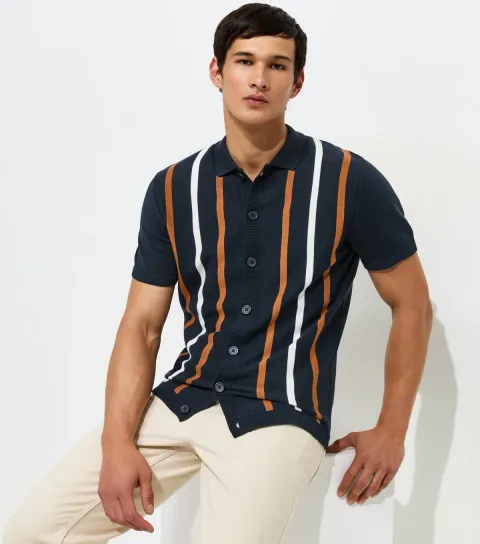 Blue Cotton Rich Short Sleeve Stripe Button Through Polo Top