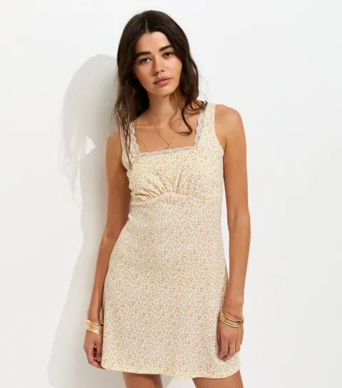 Cream Floral Print Lace Trim Square Neck Mini Dress