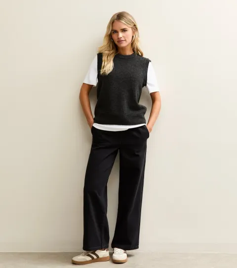 Petite Black Pull On Wide Leg Jeans