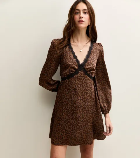 Brown Satin Animal Print Lace Trim Mini Dress