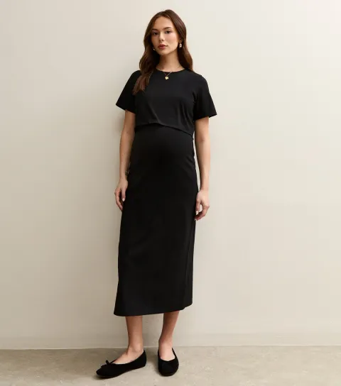 Maternity Black Layered Crew Neck Nursing Midi Dress