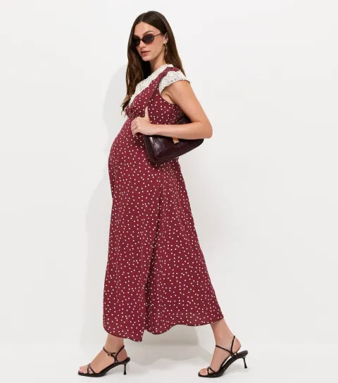 Maternity Red Spot Print Lace Trim Midi Dress