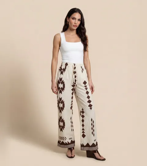 Brown Geometric Print Wide Leg Trousers