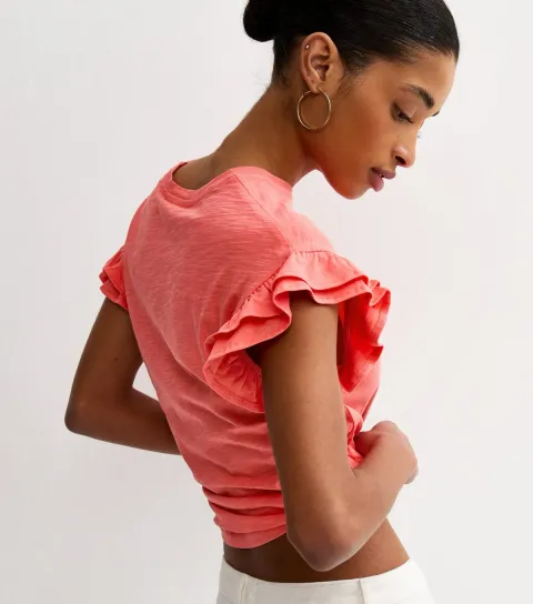 Dark Coral Cotton Slub Frill Sleeve T-Shirt