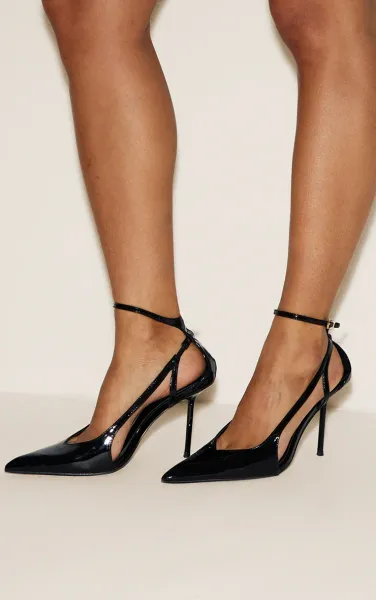 Black Cut Out Strap High Stiletto Heeled Courts