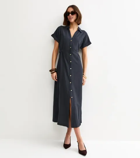 Navy Linen Blend Shirt Midi Dress