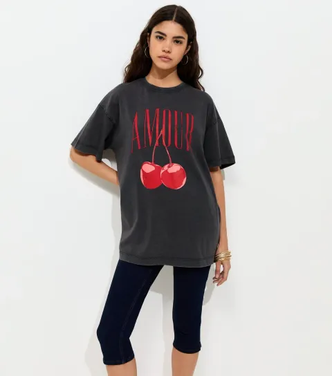 Dark Grey Cotton Amour Cherry Print Acid Wash Oversized T-Shirt