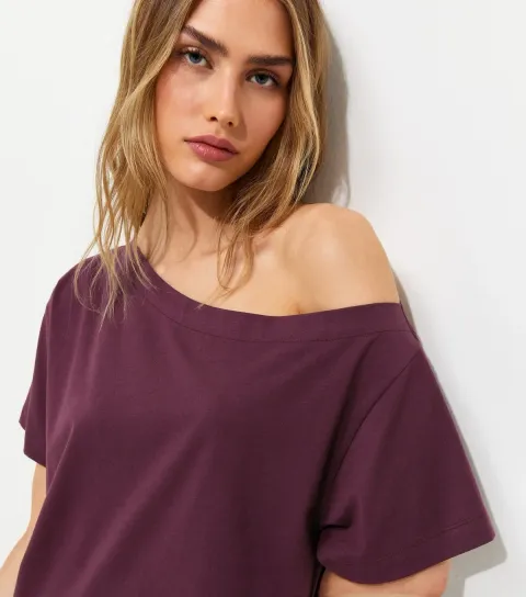 Dark Burgundy Cotton Off The Shoulder T-Shirt