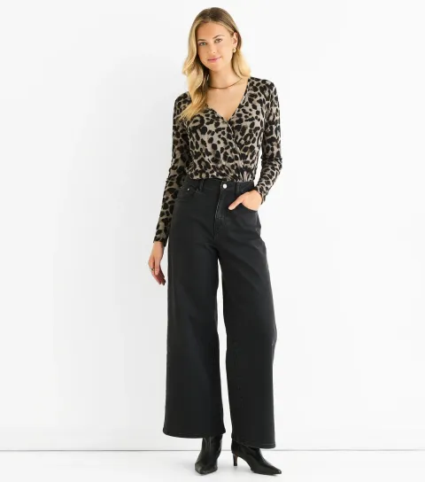 Mid Grey Leopard Print Wrap Bodysuit