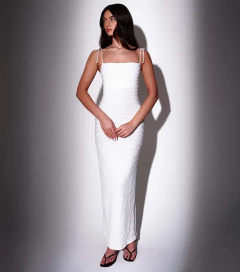 White Textured Beaded Strap Maxi Dress