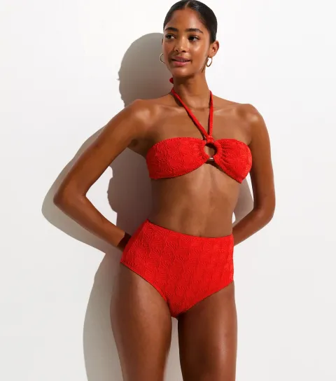 Bright Red Textured High Waist Bikini Bottoms