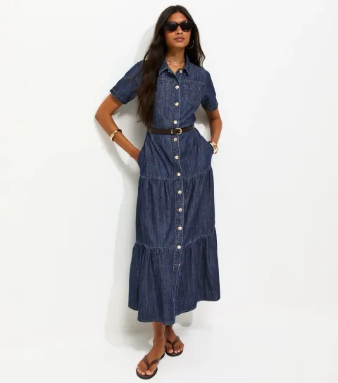 Blue Cotton Short Sleeve Tiered Belted Denim Midi Dress