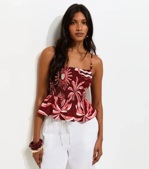 Burgundy Palm Print Shirred Cami Top