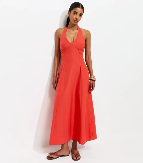 Red Halter Neck Cotton Rich Midi Dress