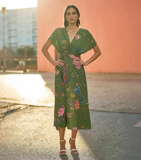 Green Bird Floral Print Wrap Style Midi Dress