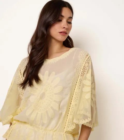Yellow Sunflower Lace Trim Blouse