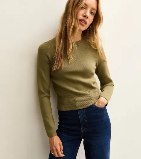 Green Ribbed Knit Crew Neck Jumper