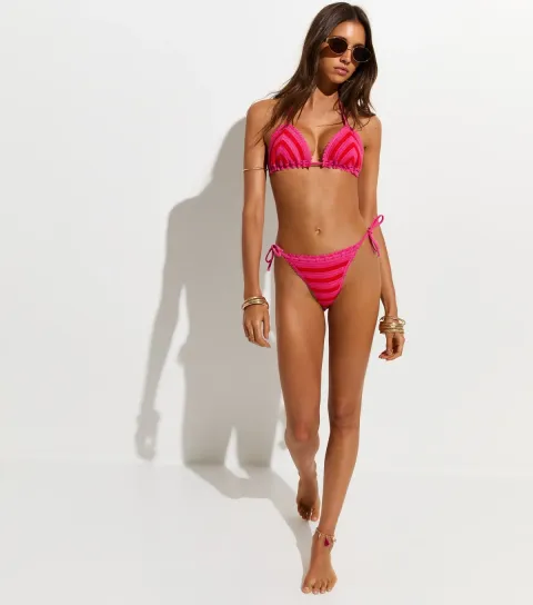 Pink and Orange Crochet Striped Tie Side Bikini Bottoms