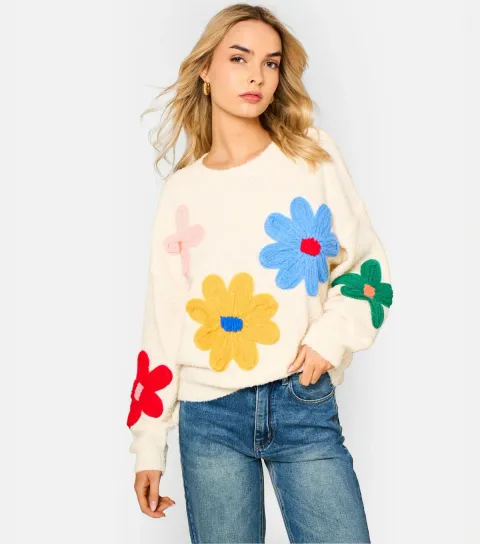 Cream and Multi Colour Floral Knitted Jumper
