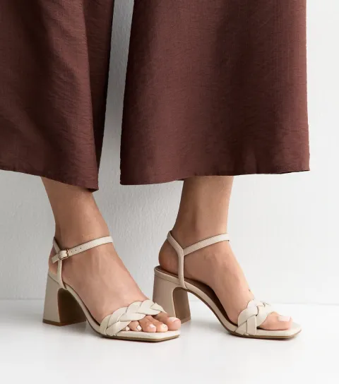 Off White Faux Leather Braided Block Heel Sandals Vegan