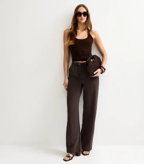 Tall Dark Brown Twill Cotton Wide Leg Trousers