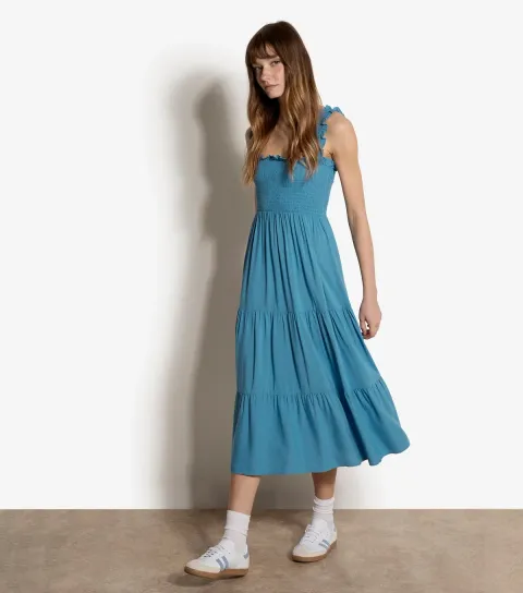 Light Blue Tiered Smock Midi Dress