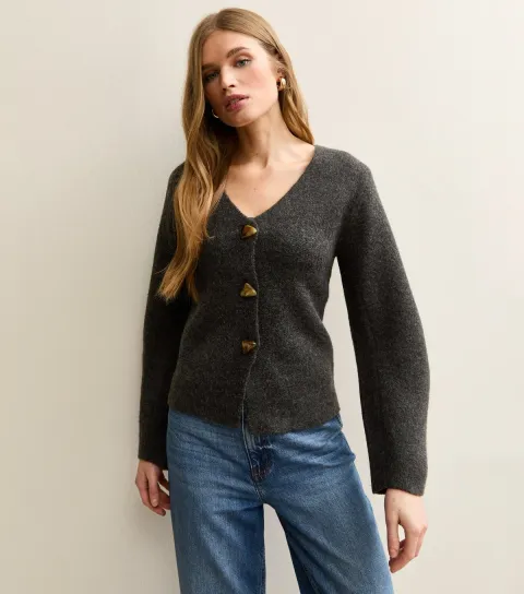 Dark Grey V-Neck Heavyweight Knit Cardigan