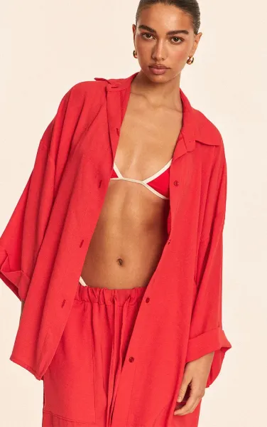 Red Linen Look Oversized Drop Shoulder Beach Shirt