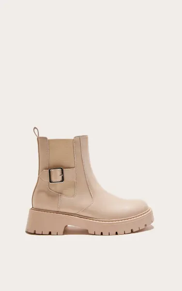 Cream PU Round Toe Chunky Sole Ankle Boots
