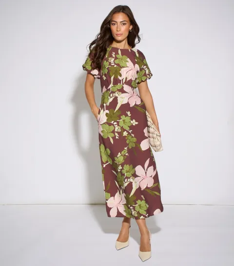 Brown Floral Print Puff Sleeve Midi Dress