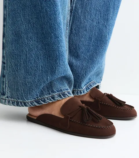 Brown Faux Suede Flat Tassel Loafer Mules Vegan