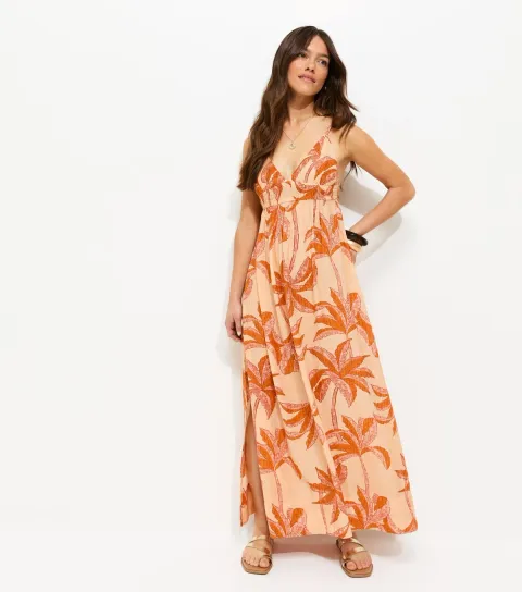 Petite Orange Palm Tree Print Maxi Beach Dress